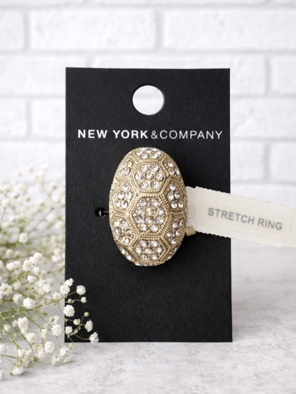 New York & Company NWT Gold-Tone Rhinestone Embellished Oval Stretch Ring